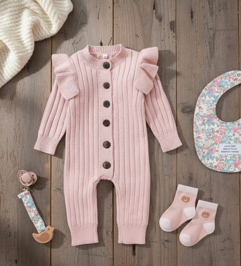 Load image into Gallery viewer, Soft Knit Baby Girl Romper – Khaki Lilac
