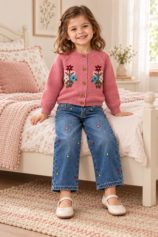 Jeans fille à jambes larges et petits motifs brodés -Pre-commande