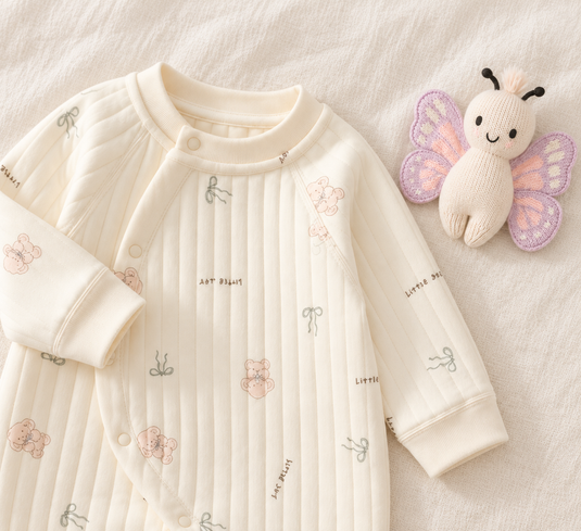 Combinaison bébé matelassée à motifs oursons roses et boucles – Ivoire 🤍 Pre-commande