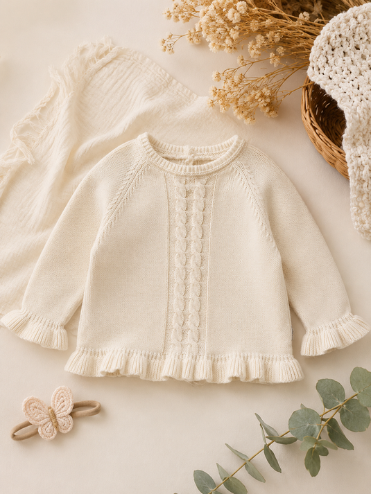 Chandail fille en tricot ivoire avec torsades – Automne-Hiver