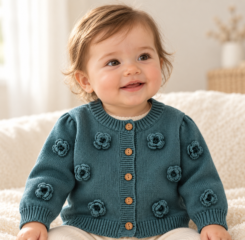 Load image into Gallery viewer, Cardigan bébé fille en tricot de coton à fleurs en relief – Kali 🤍 - Pré-commande

