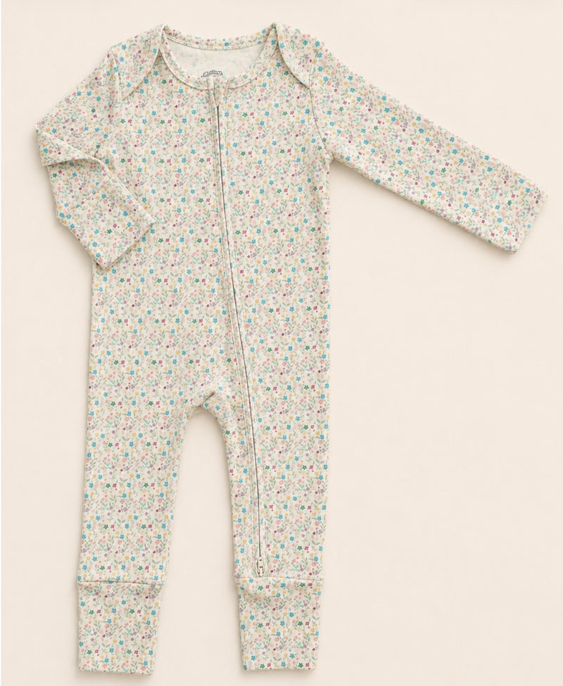 Chargez l'image dans la visionneuse de la galerie, Barboteuse bébé fille coton bio motif petites fleurs – Kaki Lilas

