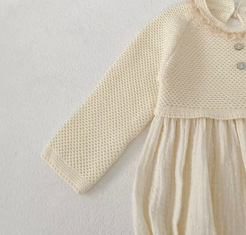 Chargez l'image dans la visionneuse de la galerie, Barboteuse bébé fille en coton et tricot ivoire – Automne-Hiver
