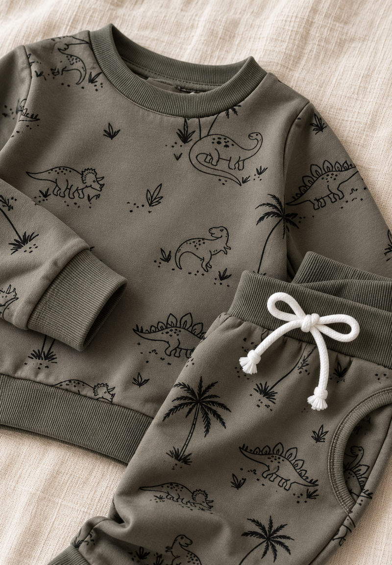 Chargez l'image dans la visionneuse de la galerie, Ensemble deux pièces pour bébé à motifs dinosaures – Kaki - Pré-commande
