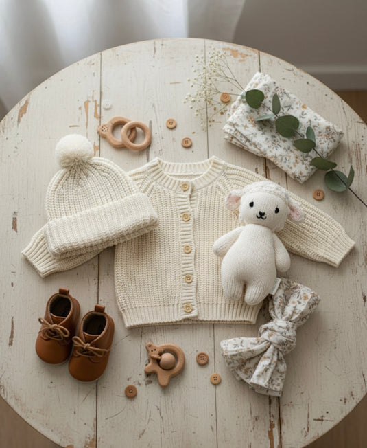 Ivory knit baby hat with soft cotton pom pom – Kali
