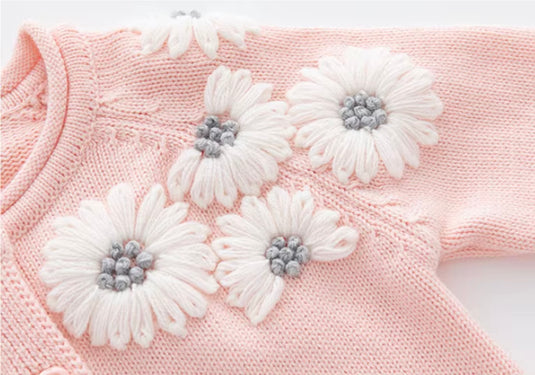 Girl's knitted pink cotton romper with floral embroidery and bonnet – Kali