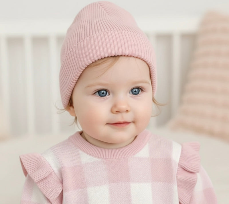 Chargez l'image dans la visionneuse de la galerie, Bonnet rose bébé fille en tricot doux

