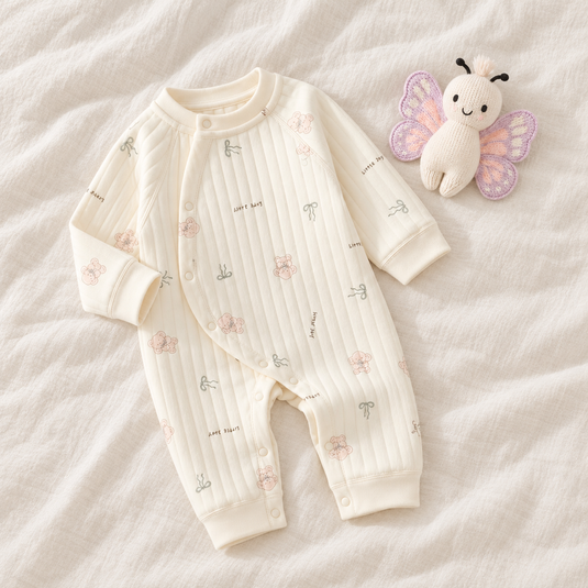 Combinaison bébé matelassée à motifs oursons roses et boucles – Ivoire 🤍 Pre-commande