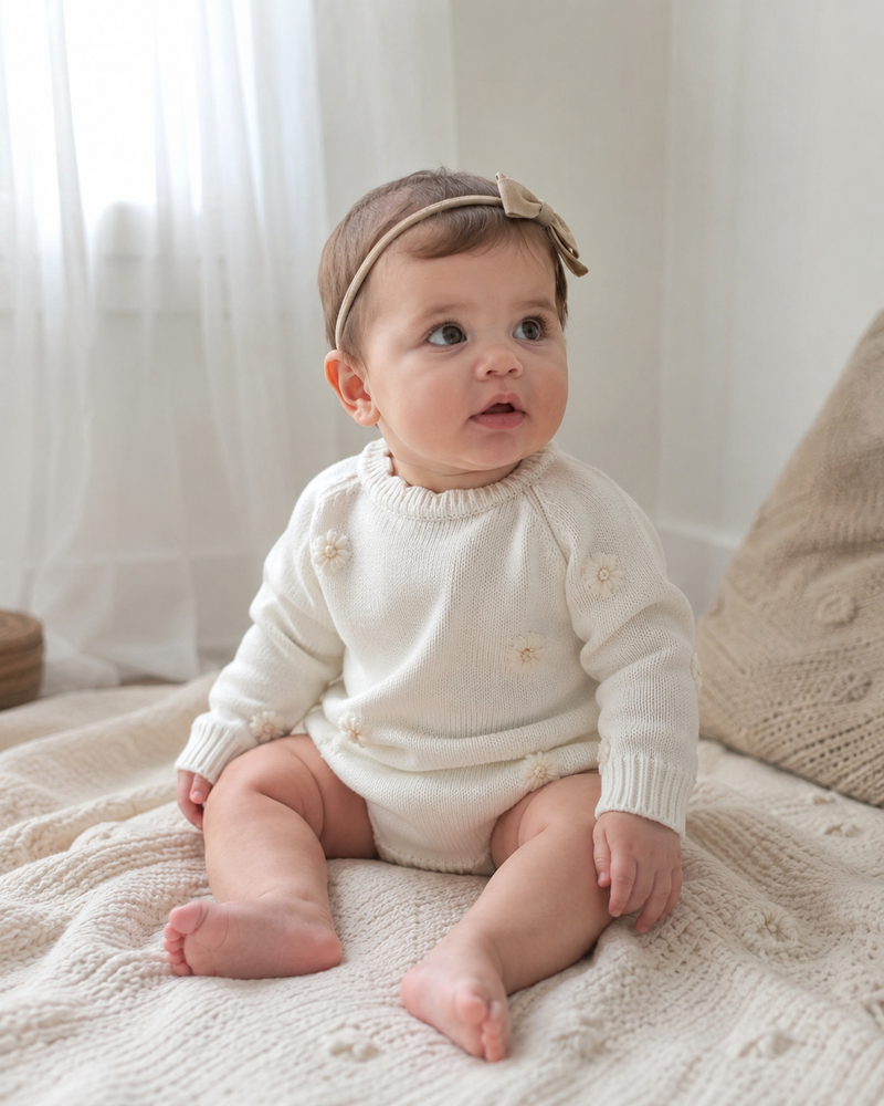 Chargez l'image dans la visionneuse de la galerie, Combinaison bébé fille en tricot doux à motifs fleuris – Kali
