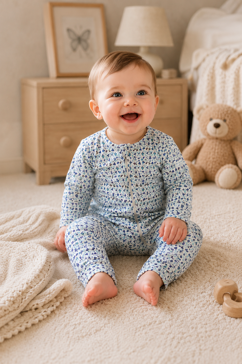 Load image into Gallery viewer, Organic cotton baby boy romper with butterfly dance pattern – Khaki Lilac
