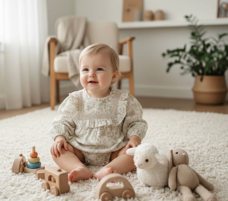 Chargez l'image dans la visionneuse de la galerie, Barboteuse bébé fille Liberty beige en coton doux
