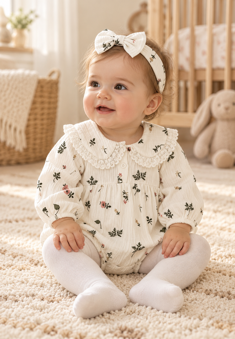 Load image into Gallery viewer, Floral cotton baby romper with matching headband
