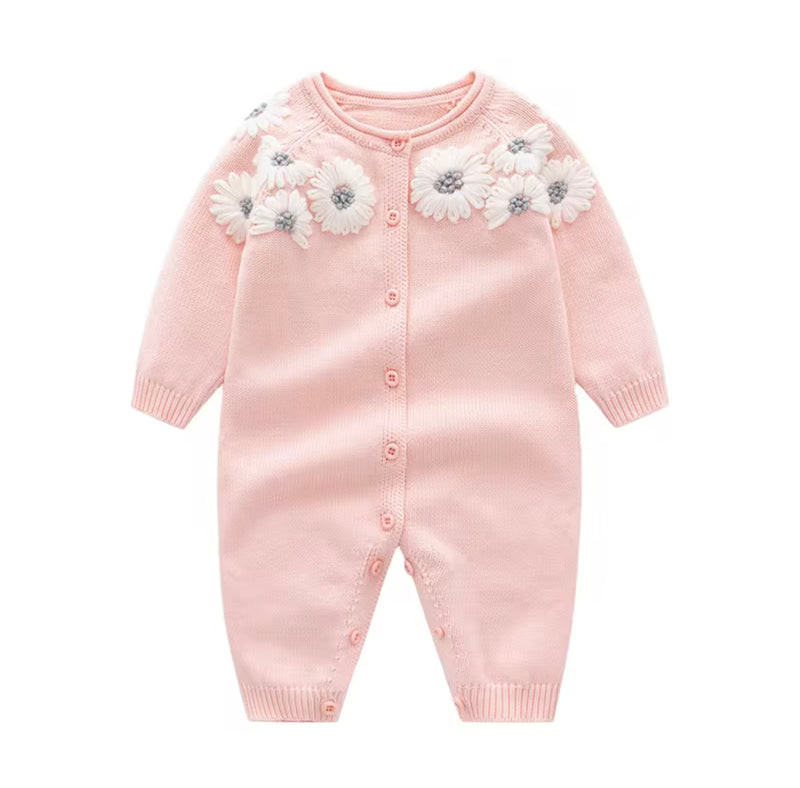 Load image into Gallery viewer, Girl's knitted pink cotton romper with floral embroidery and bonnet – Kali
