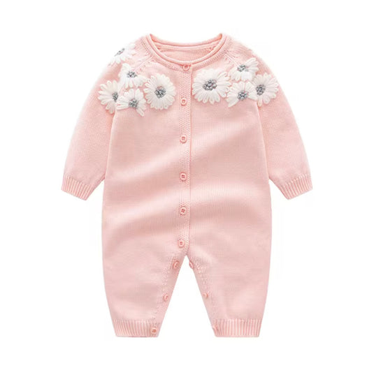 Girl's knitted pink cotton romper with floral embroidery and bonnet – Kali