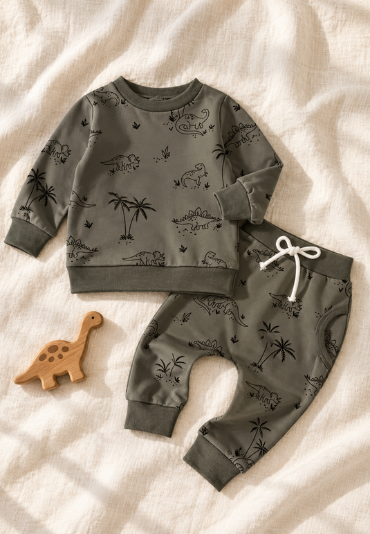 Ensemble deux pièces pour bébé à motifs dinosaures – Kaki - Pré-commande