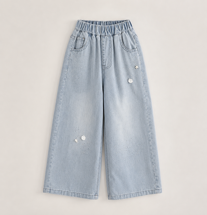 Chargez l'image dans la visionneuse de la galerie, Jean en denim coupe large pour fille avec broderies – Automne-Hiver
