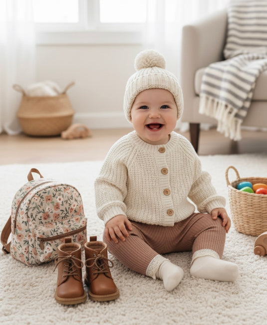 Ivory knit baby hat with soft cotton pom pom – Kali