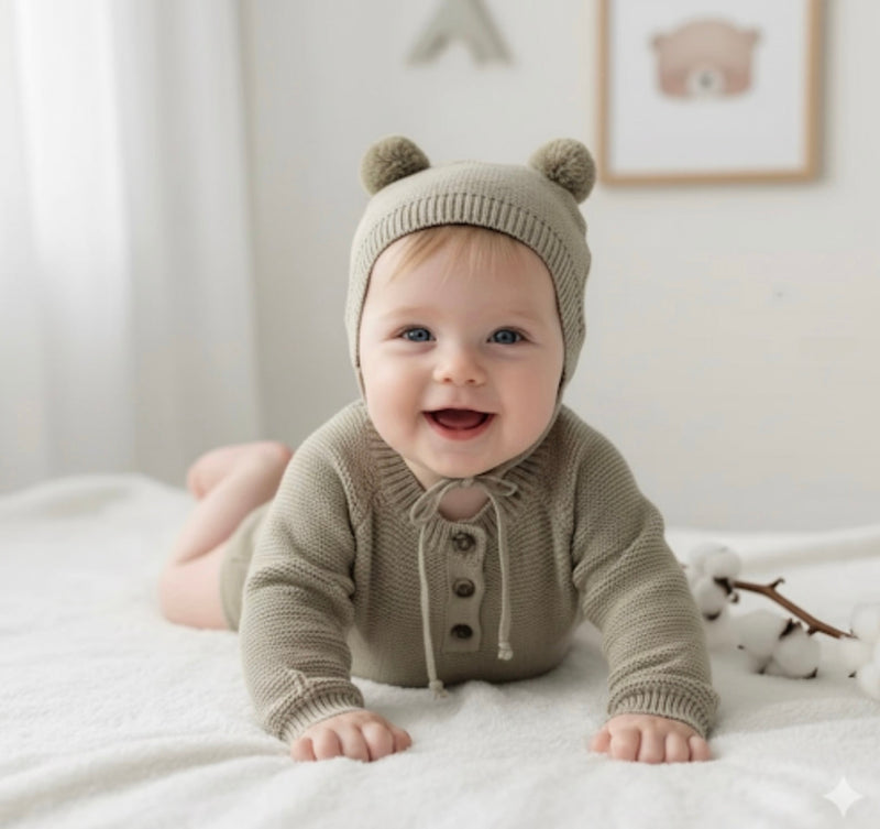 Chargez l'image dans la visionneuse de la galerie, Combinaison bébé garçon tricot coton doux + bonnet – Kali
