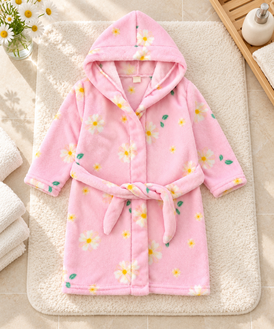 Peignoir fille à capuche en flanelle douce – Rose fleuri 🌸 - Pré-commande