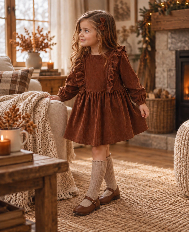 Load image into Gallery viewer, Corduroy Ruffle Dress for Girls - Autumn-Winter
