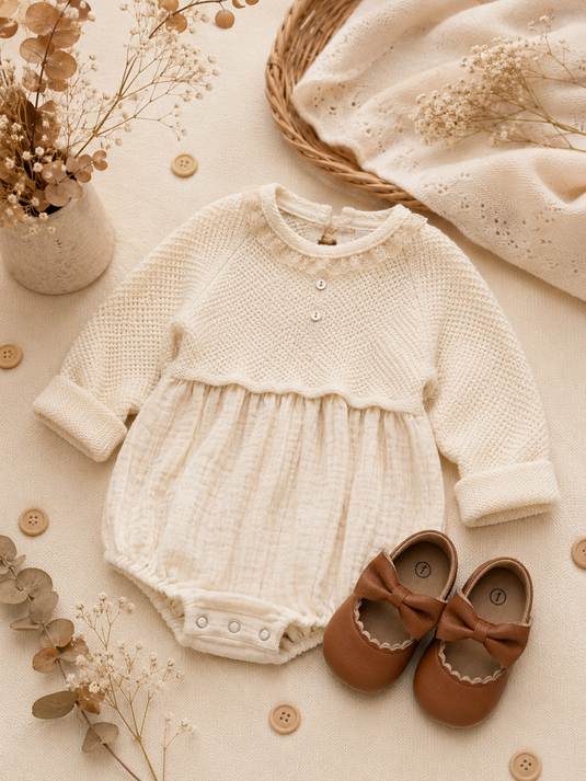 Barboteuse bébé fille en coton et tricot ivoire – Automne-Hiver