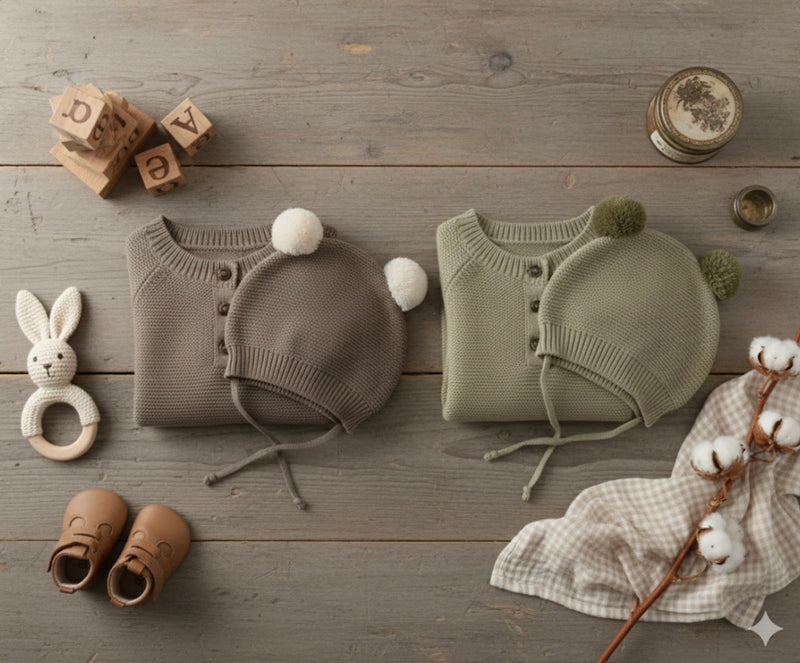 Chargez l'image dans la visionneuse de la galerie, Combinaison bébé garçon tricot coton doux + bonnet – Kali
