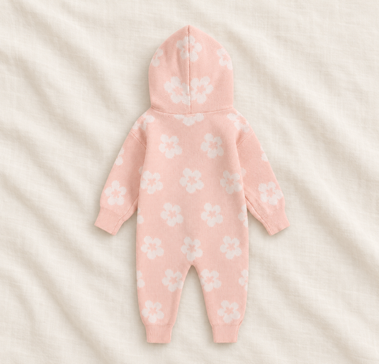 Combinaison bébé fille en tricot à capuche et fermeture éclair – Rose à fleurs ivoire 🌸 - Pré-commande