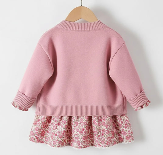 Girls' two-piece floral dress set with soft cardigan – Khaki Lilac