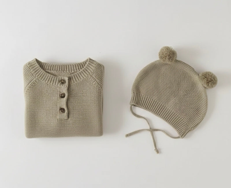 Chargez l'image dans la visionneuse de la galerie, Combinaison bébé garçon tricot coton doux + bonnet – Kali
