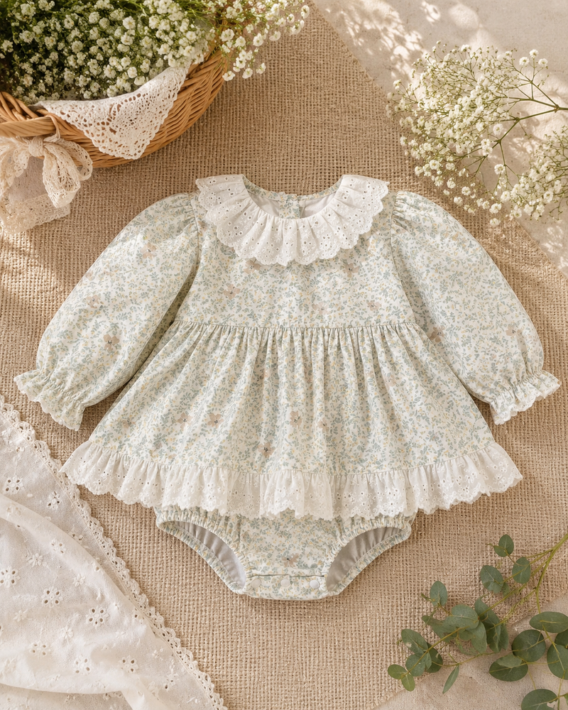Chargez l'image dans la visionneuse de la galerie, Robe-romper bébé fille à col Claudine avec broderie anglaise – Automne-Hiver
