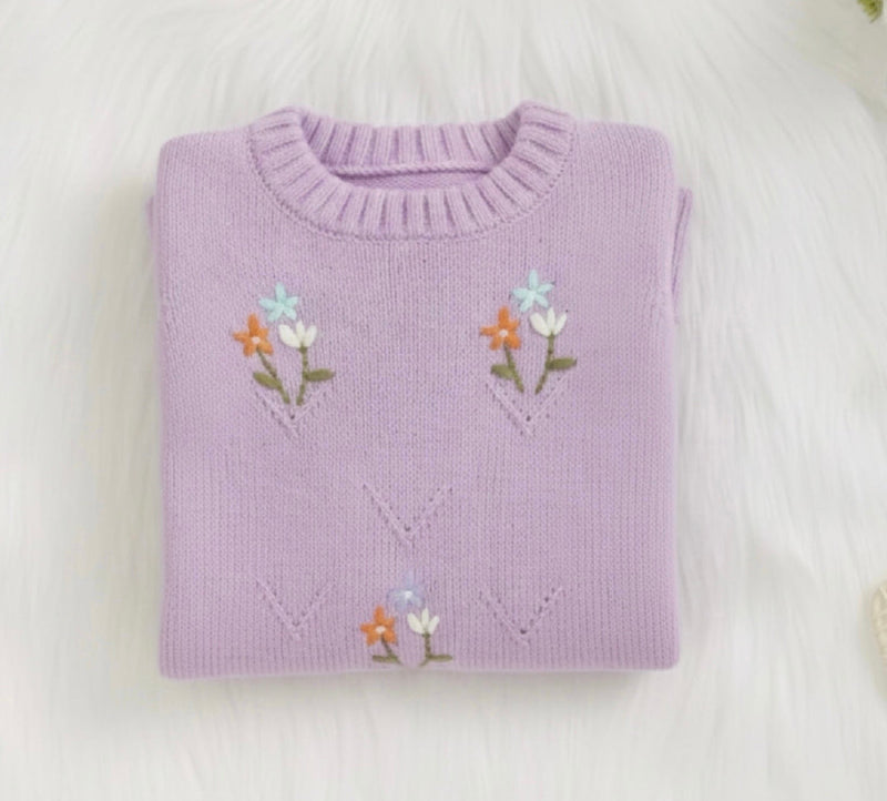 Chargez l'image dans la visionneuse de la galerie, Combinaison bébé fille en tricot doux lilas brodée

