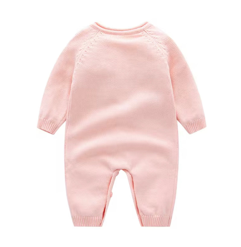 Load image into Gallery viewer, Girl's knitted pink cotton romper with floral embroidery and bonnet – Kali
