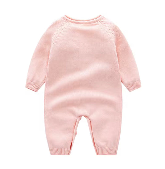 Girl's knitted pink cotton romper with floral embroidery and bonnet – Kali