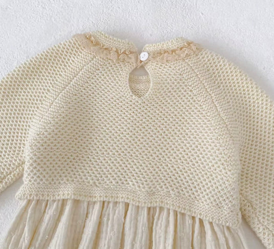 Barboteuse bébé fille en coton et tricot ivoire – Automne-Hiver