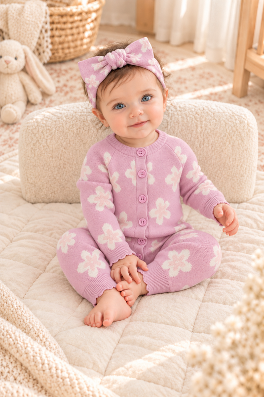 Combinaison bébé fille en tricot rose à motifs floraux et boutons, avec bandeau assorti 🌸 -Pré-commande