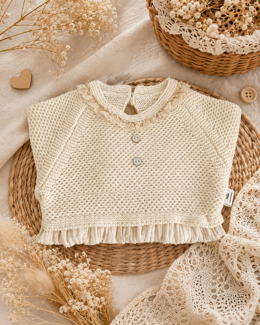 Barboteuse bébé fille en coton et tricot ivoire – Automne-Hiver