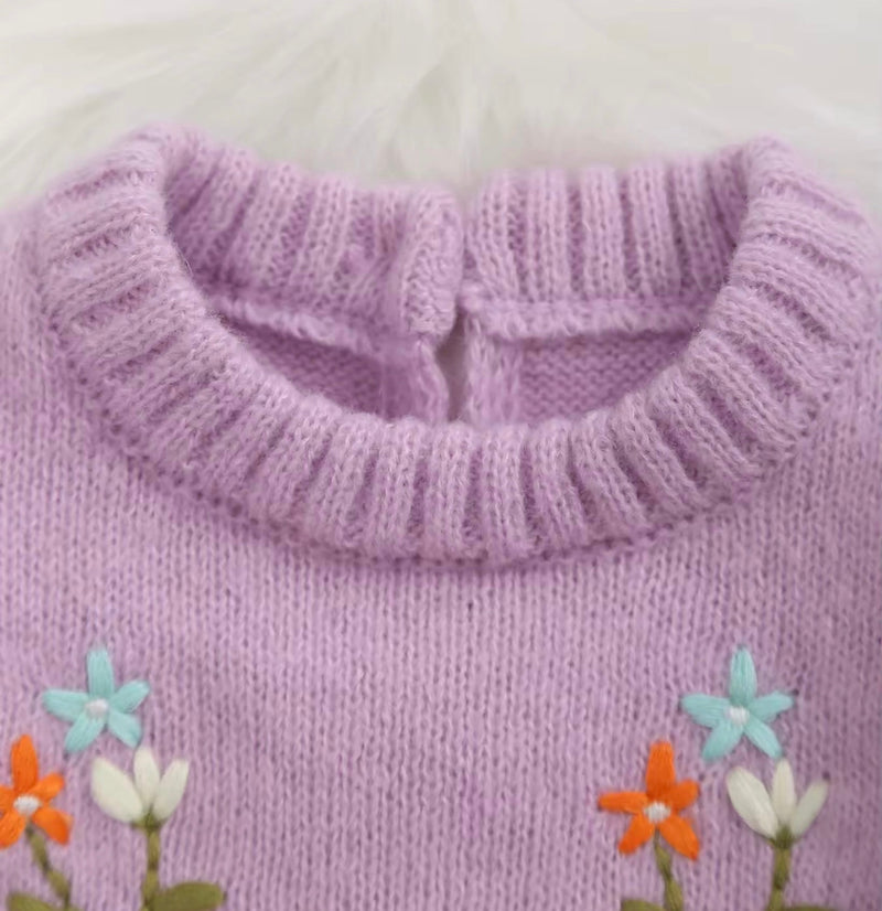Chargez l'image dans la visionneuse de la galerie, Combinaison bébé fille en tricot doux lilas brodée
