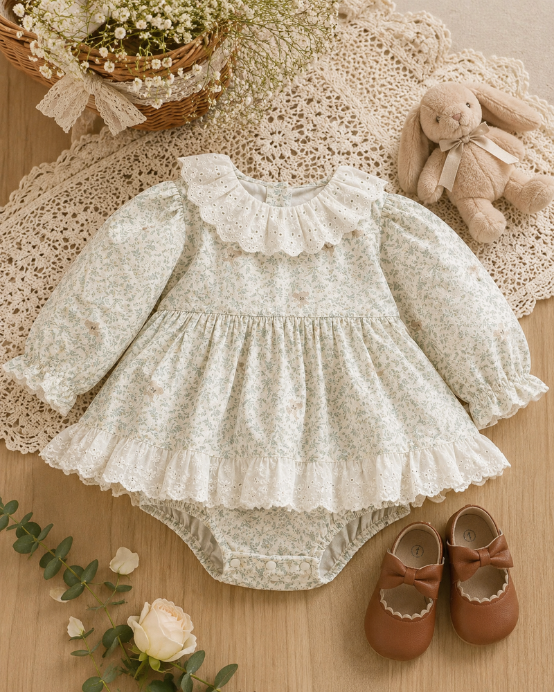 Chargez l'image dans la visionneuse de la galerie, Robe-romper bébé fille à col Claudine avec broderie anglaise – Automne-Hiver
