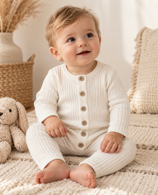 Barboteuse bébé unisexe blanche en tricot de coton – manches longues