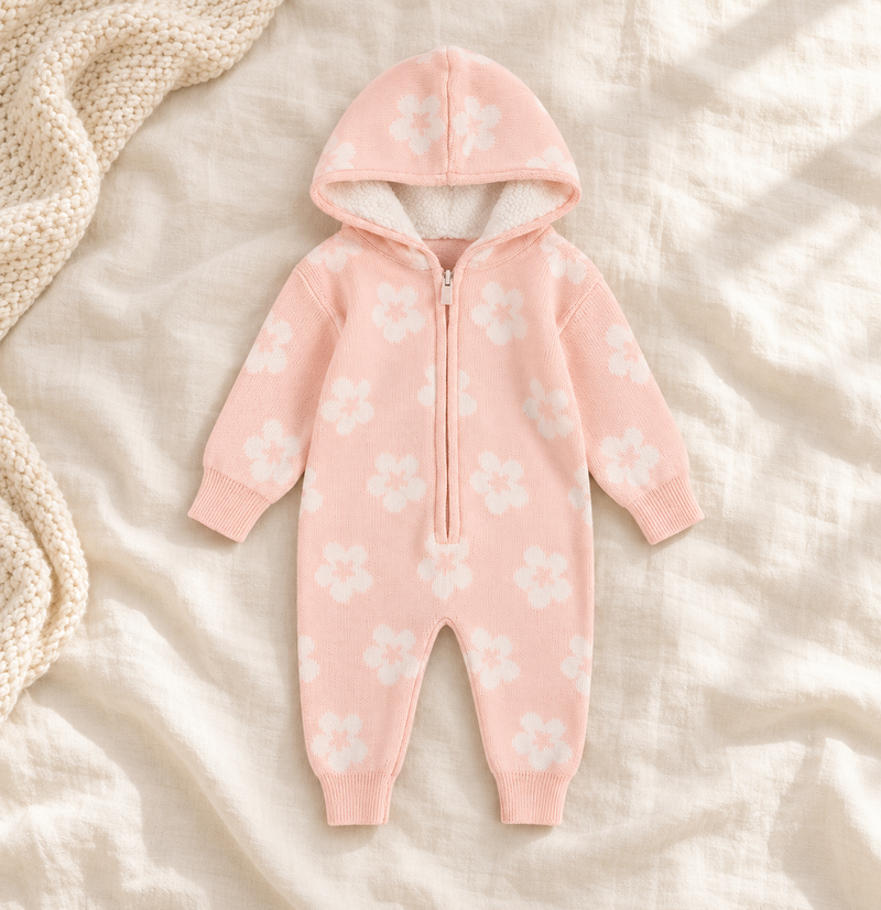 Load image into Gallery viewer, Combinaison bébé fille en tricot à capuche et fermeture éclair – Rose à fleurs ivoire 🌸 - Pré-commande
