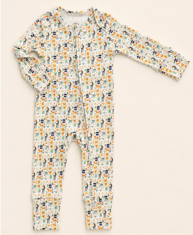 Chargez l'image dans la visionneuse de la galerie, Barboteuse bébé garçon coton bio motif animaux amusants – Kaki Lilas
