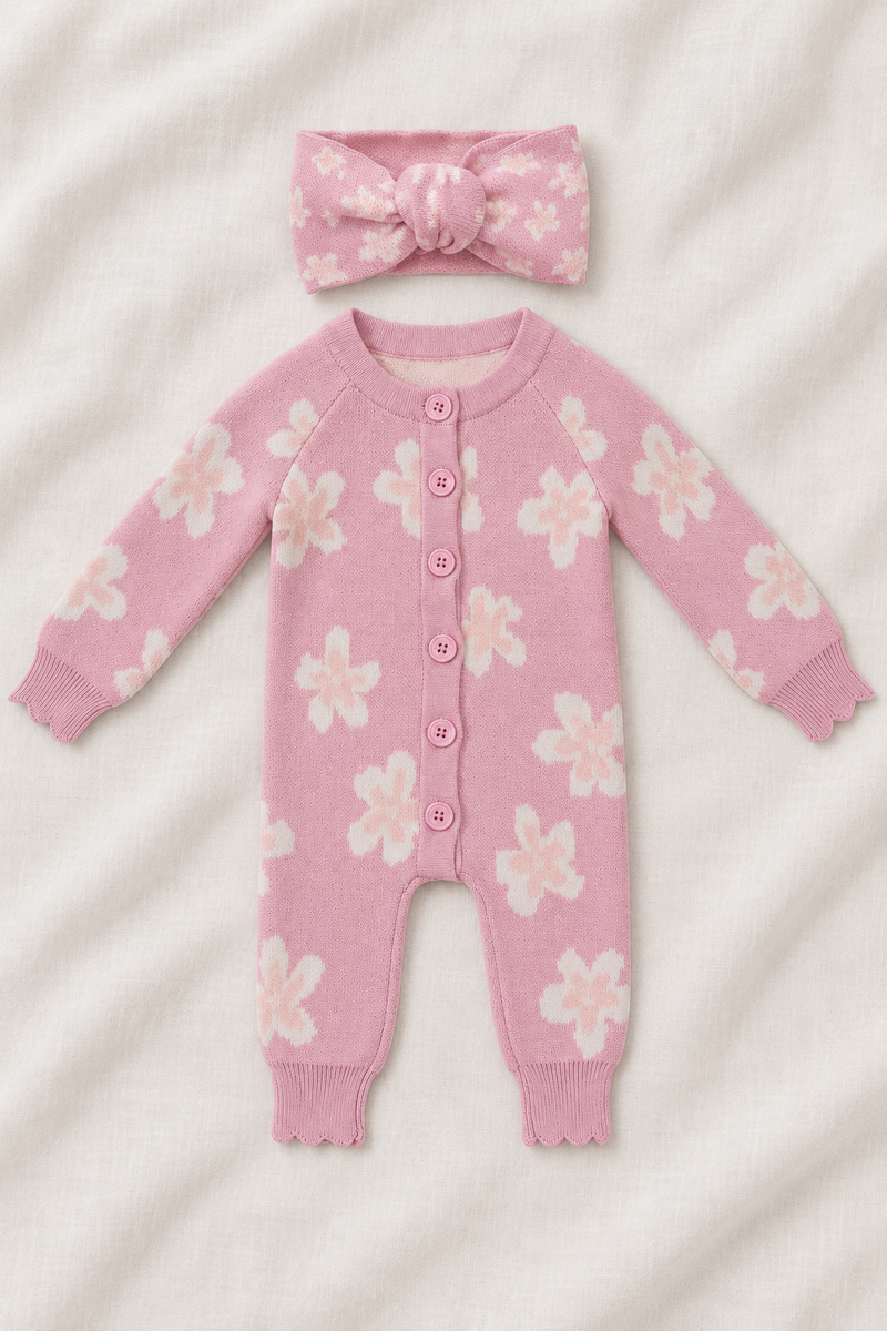 Chargez l'image dans la visionneuse de la galerie, Combinaison bébé fille en tricot rose à motifs floraux et boutons, avec bandeau assorti 🌸 -Pré-commande
