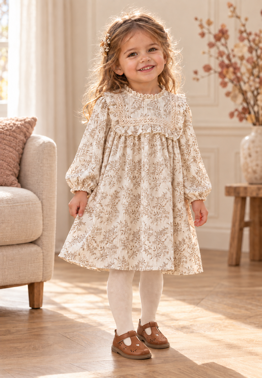 Robe fille vintage fleurie à manches longues et dentelle - Pré-commande