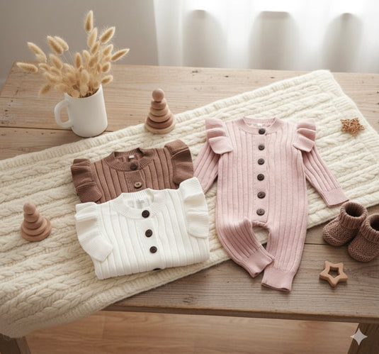 Soft Knit Baby Girl Romper – Khaki Lilac