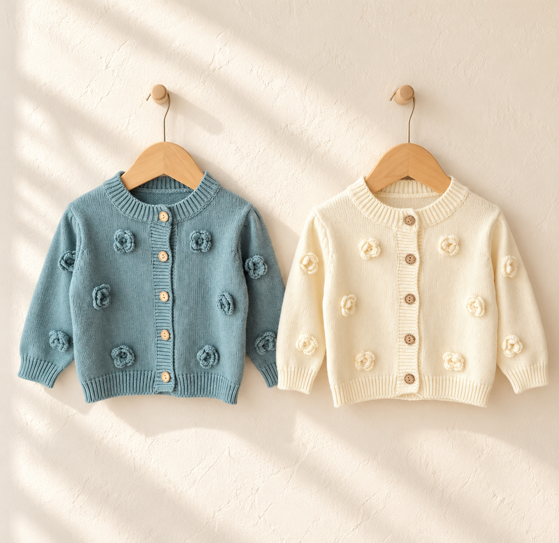 Load image into Gallery viewer, Cardigan bébé fille en tricot de coton à fleurs en relief – Kali 🤍 - Pré-commande
