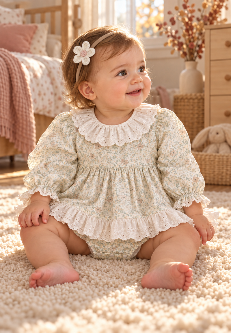Chargez l'image dans la visionneuse de la galerie, Robe-romper bébé fille à col Claudine avec broderie anglaise – Automne-Hiver
