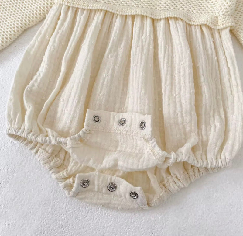 Chargez l'image dans la visionneuse de la galerie, Barboteuse bébé fille en coton et tricot ivoire – Automne-Hiver
