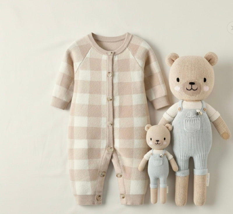 Load image into Gallery viewer, Unisex beige checkered baby romper – Kali

