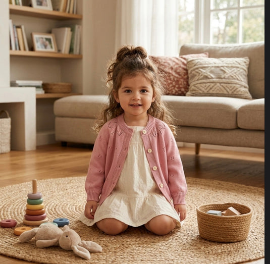 Cardigan fille ivoire & rose Vichy