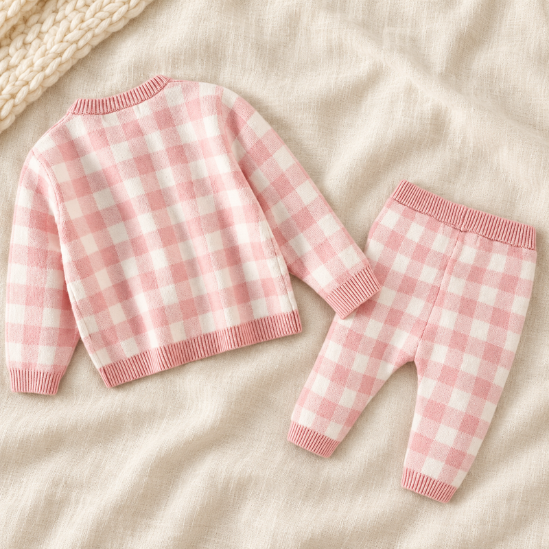 Load image into Gallery viewer, Ensemble deux pièces pour fille en tricot à carreaux roses et ivoire 🌸 - Pré-commande
